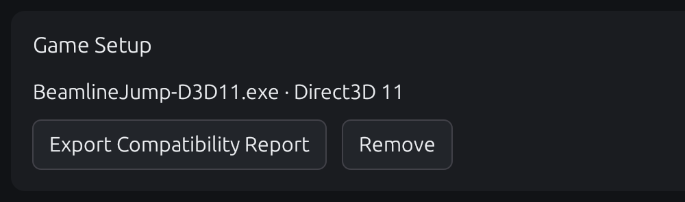 Game Setup card with Export Compatibility Report and Remove buttons.