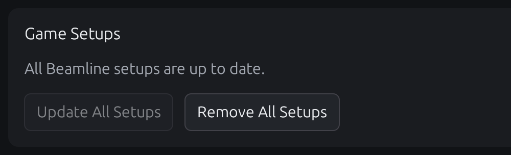 Settings Game Setups controls: Update All Setups and Remove All Setups.