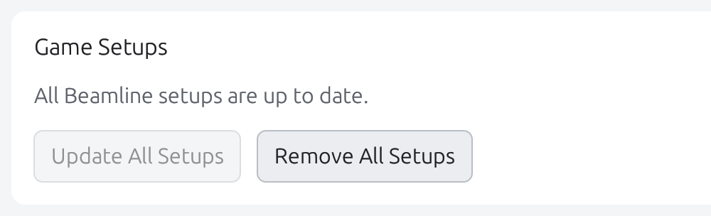 Settings Game Setups controls: Update All Setups and Remove All Setups.