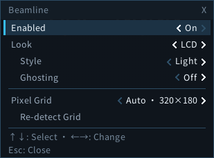 Beamline overlay with Enabled, Look, Style, Ghosting and Pixel Grid controls.