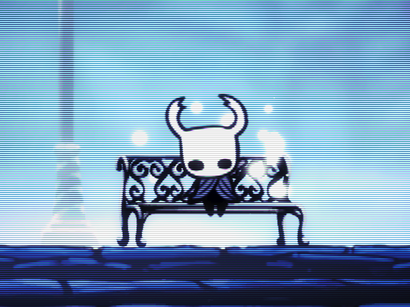 The Knight sitting on the Dirtmouth bench with CRT Core Flat and Manual 960×540 treatment geometry.