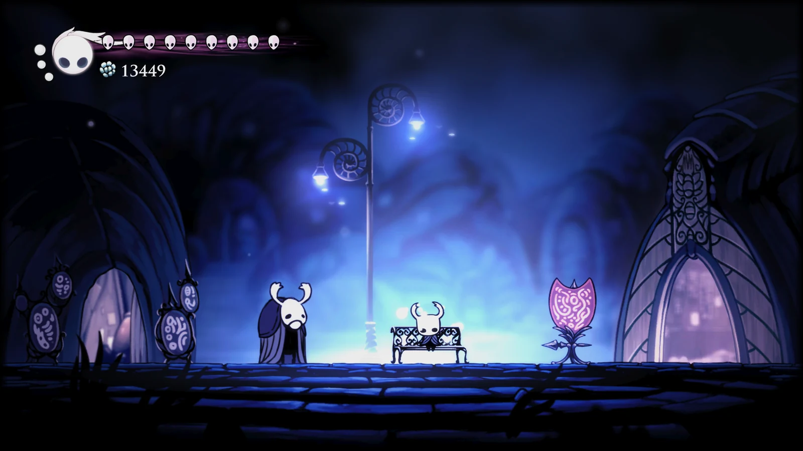 Hollow Knight at the Dirtmouth bench, with CRT Core Flat using Screen geometry.