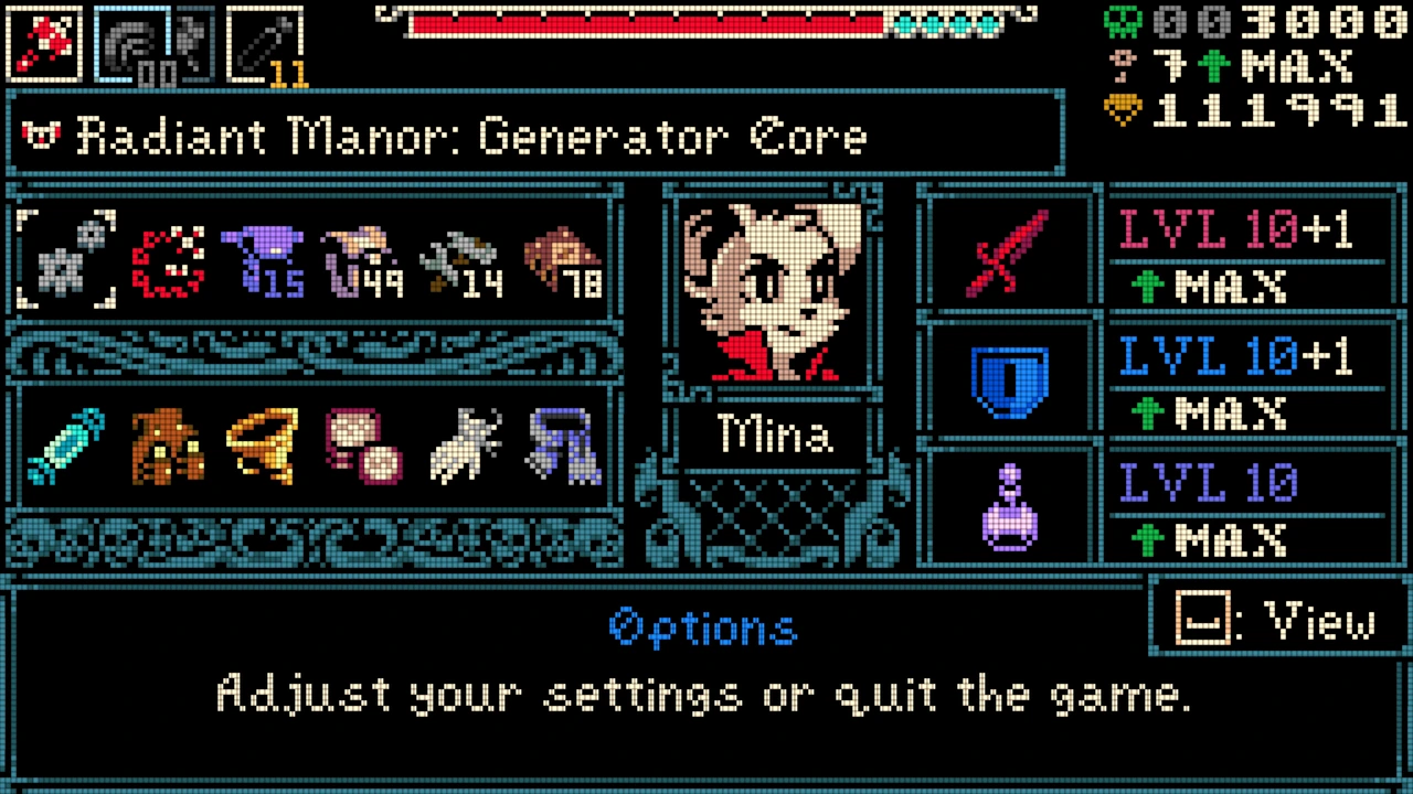 Mina the Hollower pause screen with LCD Light cell boundaries.