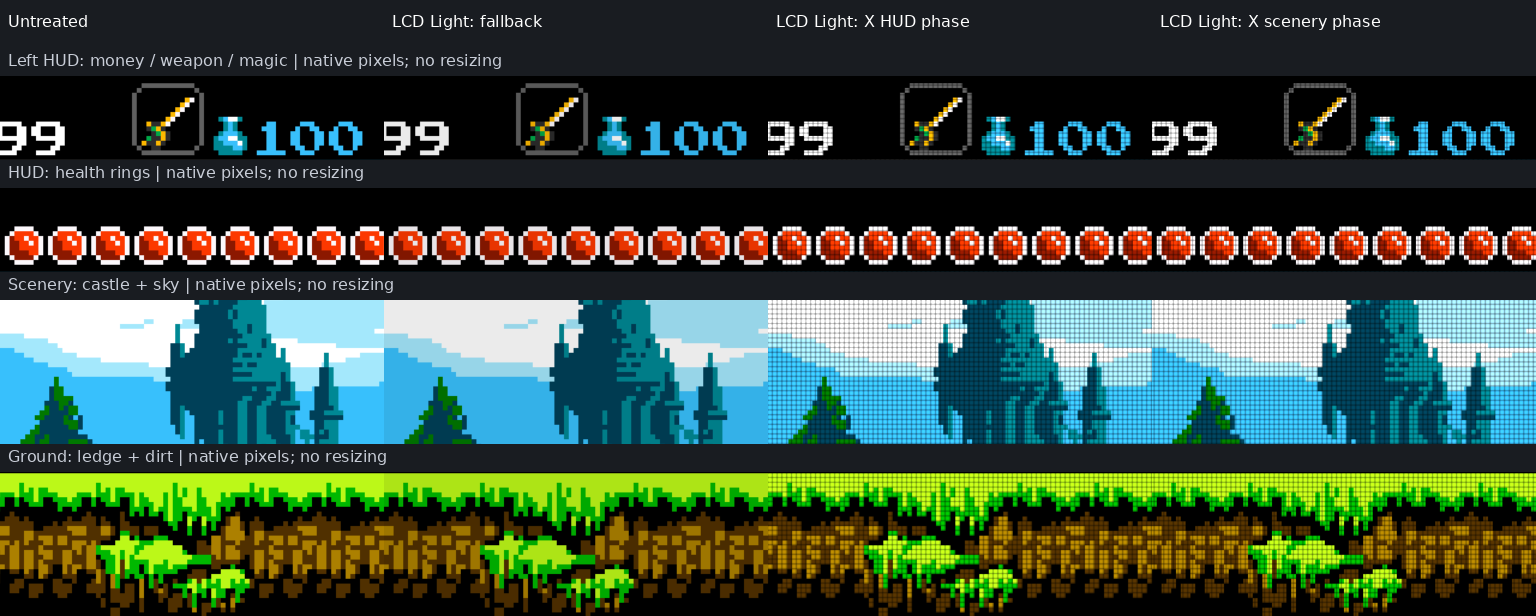 Preserved Shovel Knight LCD Light replay: untreated, output-resolution fallback, and two X-phase hypotheses, compared across HUD, scenery and ground crops.