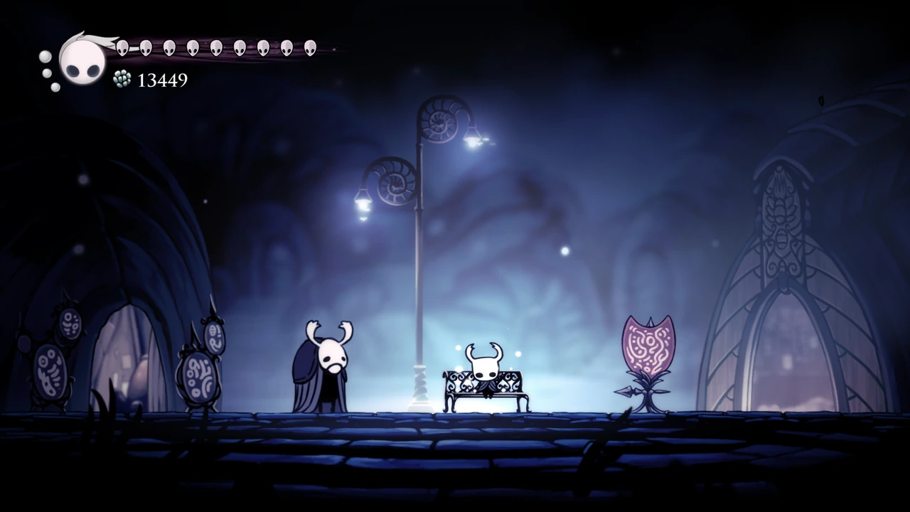 Hollow Knight’s Dirtmouth bench scene with Beamline off.